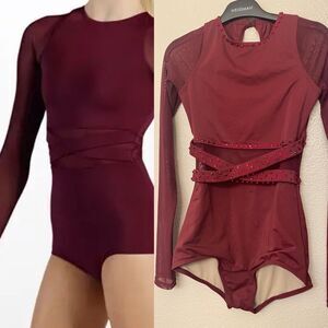 Weissman dance costume burgundy Long Sleeve Crossover Leotard 14812 LC child